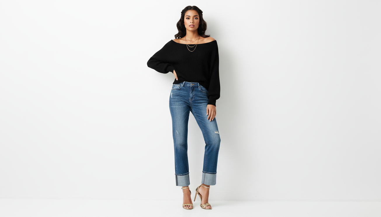 Raw Hem Rolled Straight Jeans